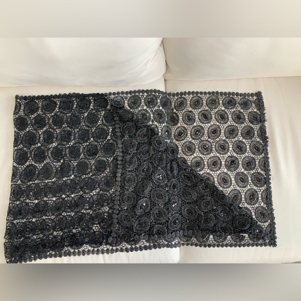 Elegant Black Lace, Sequin & Silver Thread Wrap with Picot Edging. 21” x 64”.